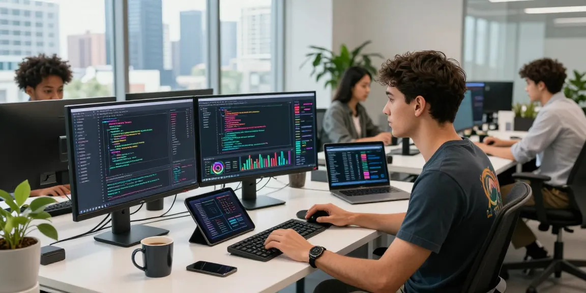 Kyber-swap dynamic workspace with diverse developers coding in a modern office, showcasing cryptocurrency analytics and DeFi dashboards.