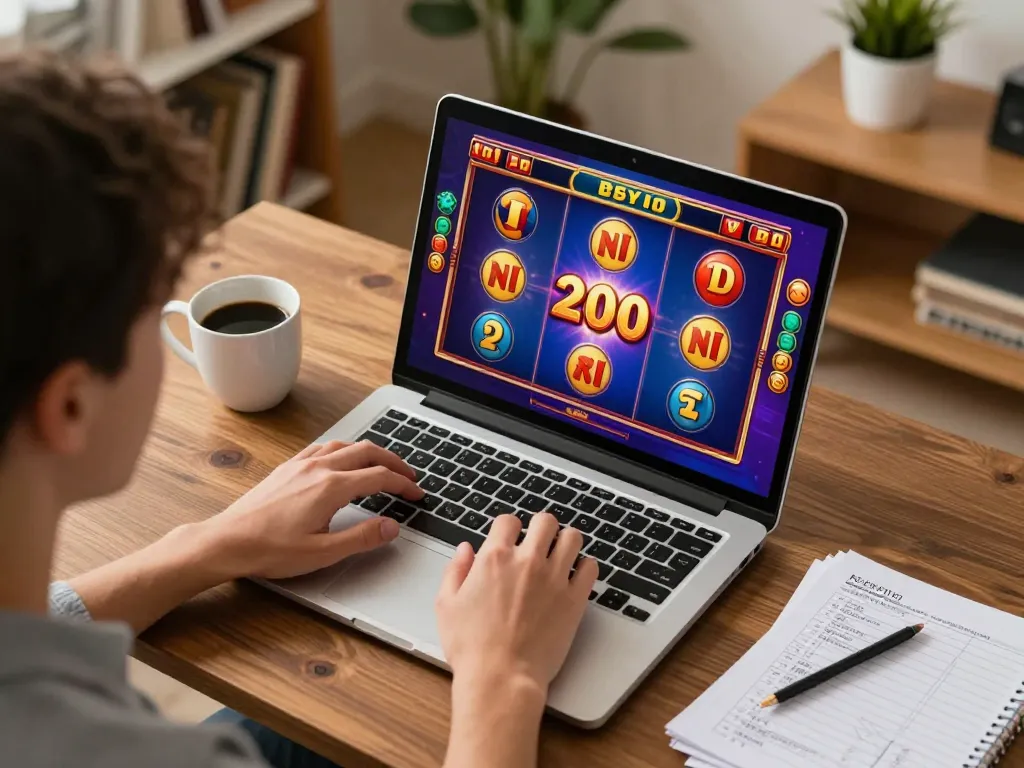 Engaging in a slot bet 200 online session with vibrant graphics on screen and a cozy setup.