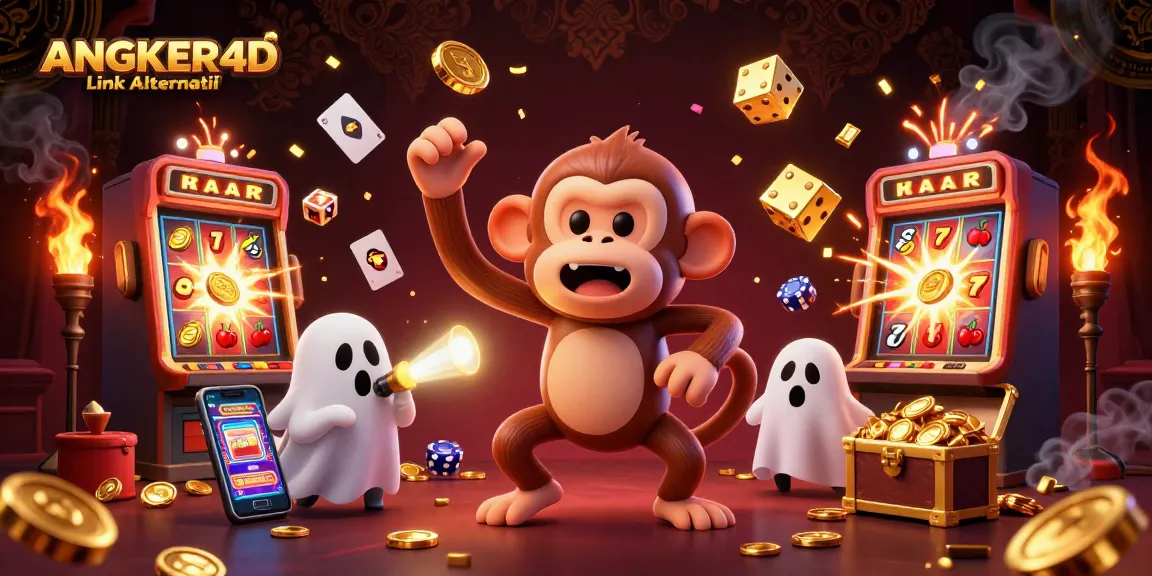 Engage with ANGKER4D Link Alternatif, a vibrant casino scene showcasing a playful poltergeist monkey and a curious puppy.