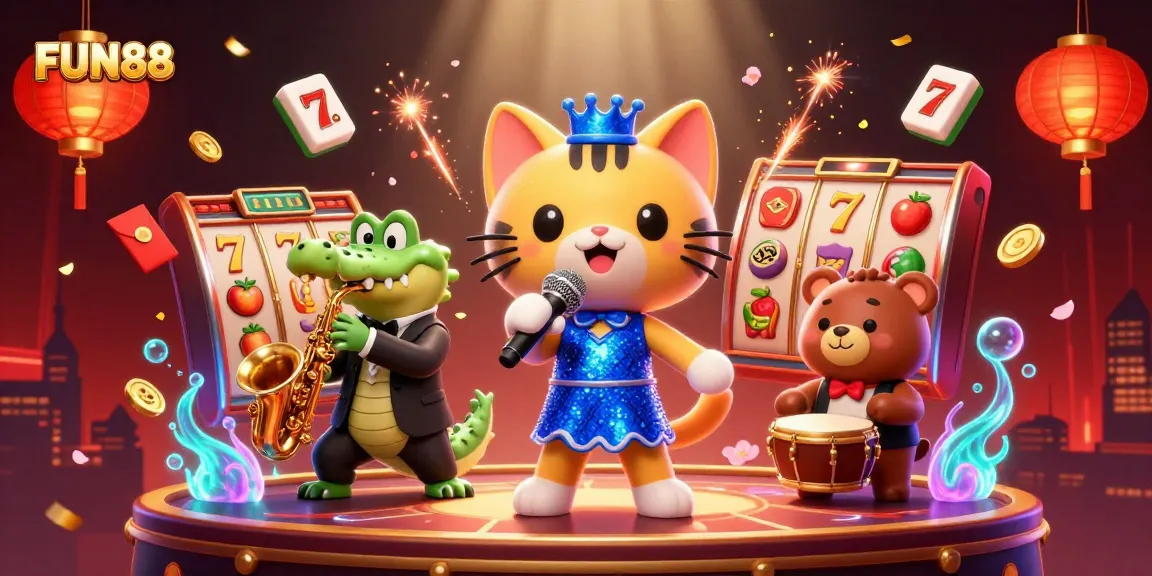 Join the action at FUN88 with lively 3D casino characters featuring vibrant slots and festive decorations.
