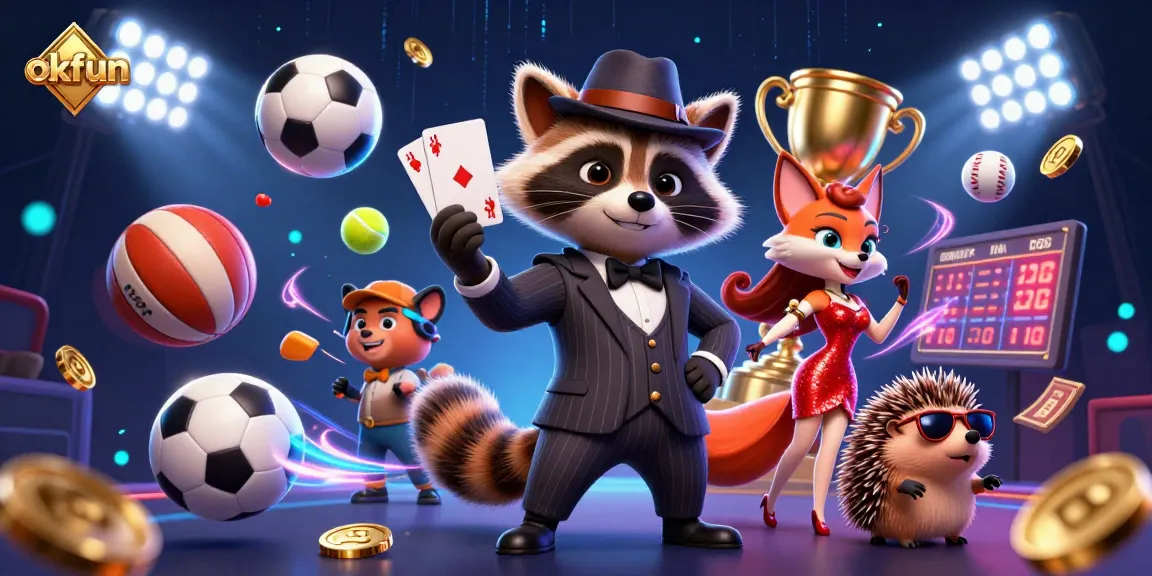 Engage in exciting gaming with okfun, featuring raccoon, fox, and hedgehog characters amidst casino elements.