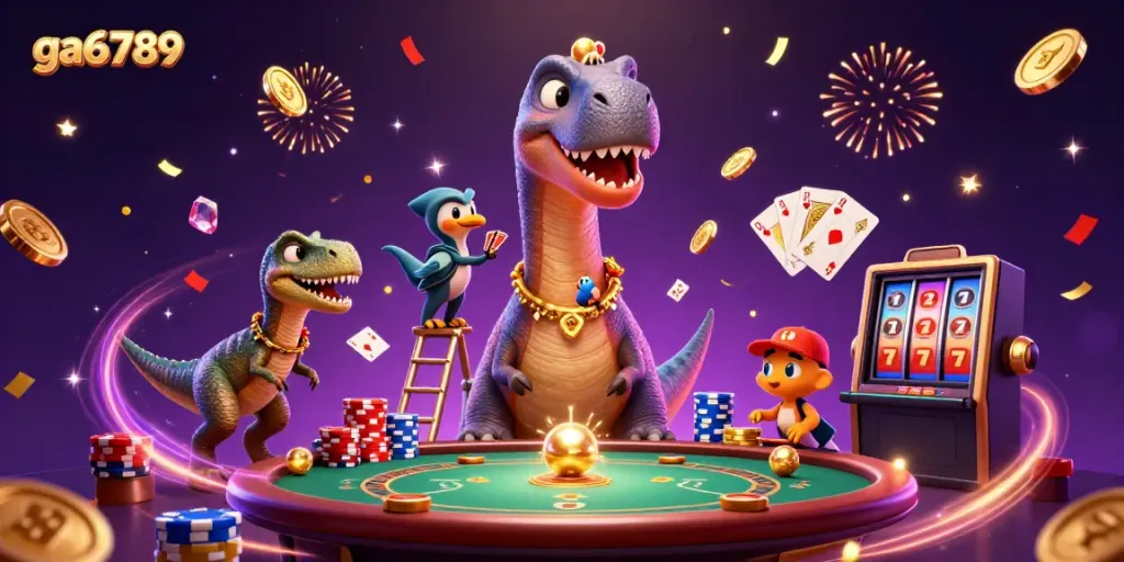 Experience ga6789's casino thrill with a giant brontosaurus overseeing a poker game!
