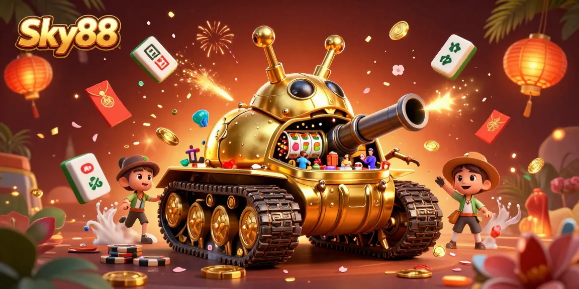 Spin and win at Sky88 with vibrant slot games featuring golden beetles and confetti.