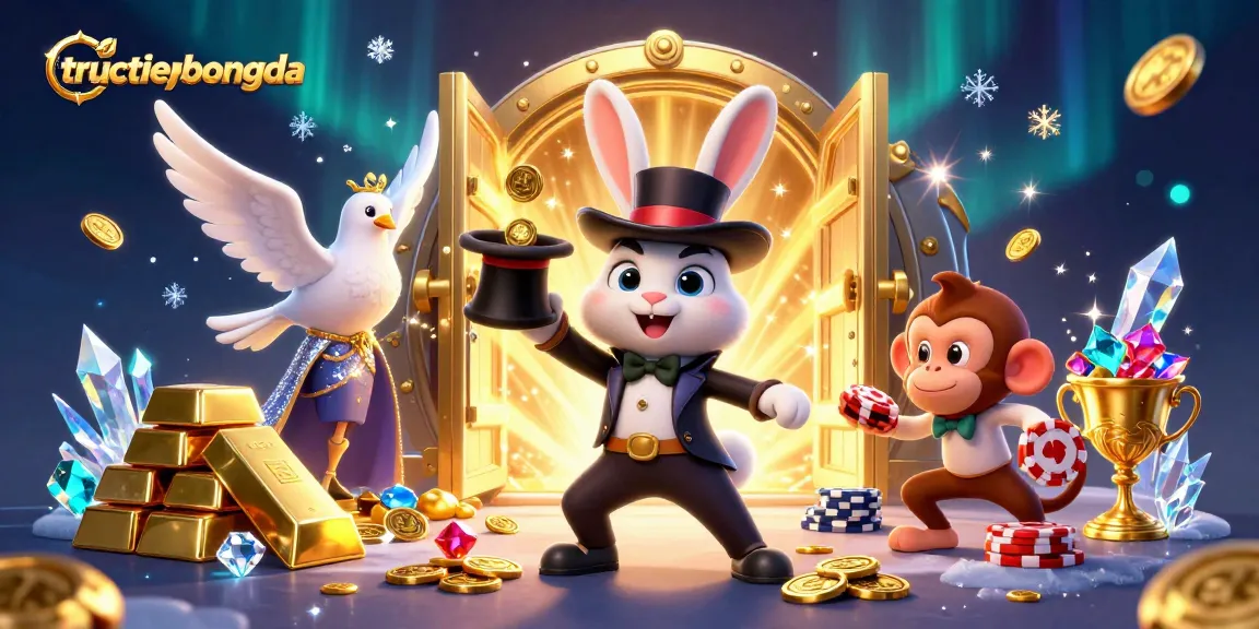 Experience tructiepbongda excitement with a magician rabbit unveiling golden coins in this casino-themed extravaganza.