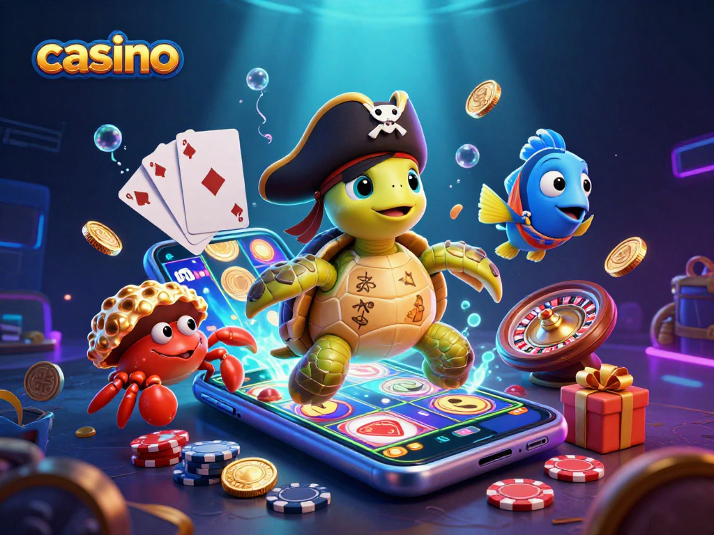 Experience thrilling casino adventures with a cartoon pirate turtle and friends exploring underwater treasures and games.