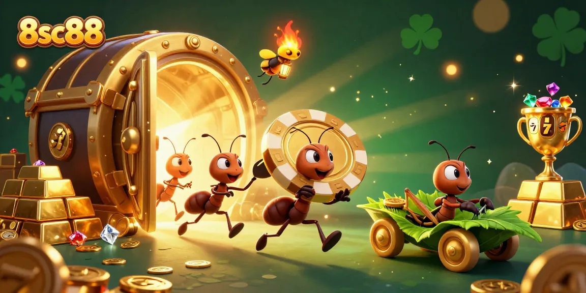 Ants in a tunnel heist for a giant golden poker chip at 8sc88, with casino elements.