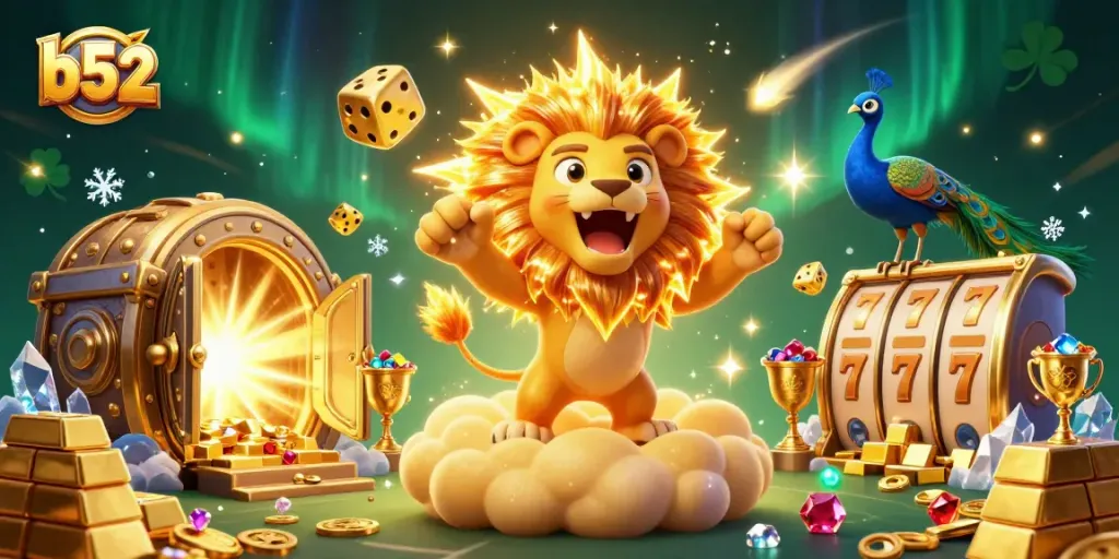 Spin the reels and win with the vibrant b52 casino illustration featuring lucky symbols and treasures.