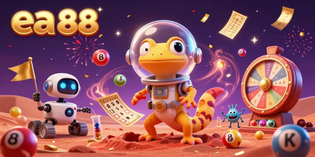 Experience the excitement of ea 88 casino with a Martian gecko discovering a golden casino amidst colorful lottery balls.