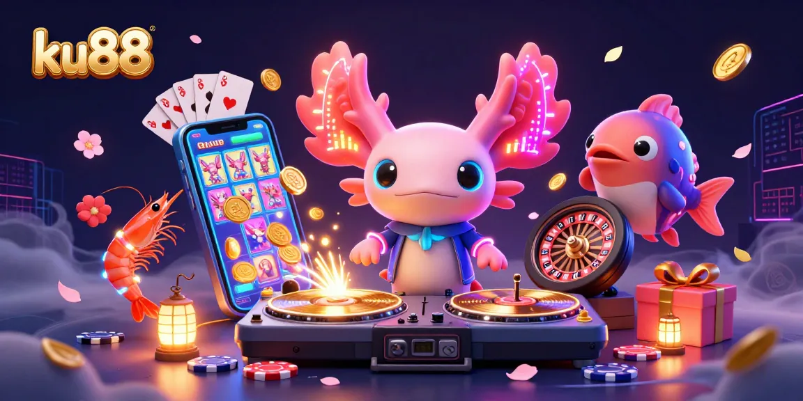Experience the excitement of ku88 with a vibrant 3D casino scene featuring animated characters and gaming elements.