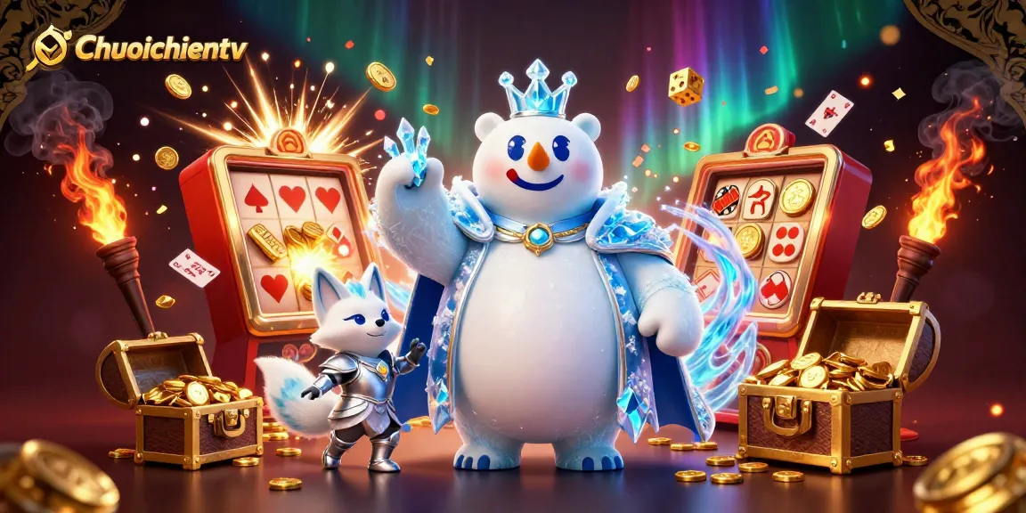 Chuoichientv showcases sports betting excitement with a polar bear and snow fox in a stunning 3D scene.