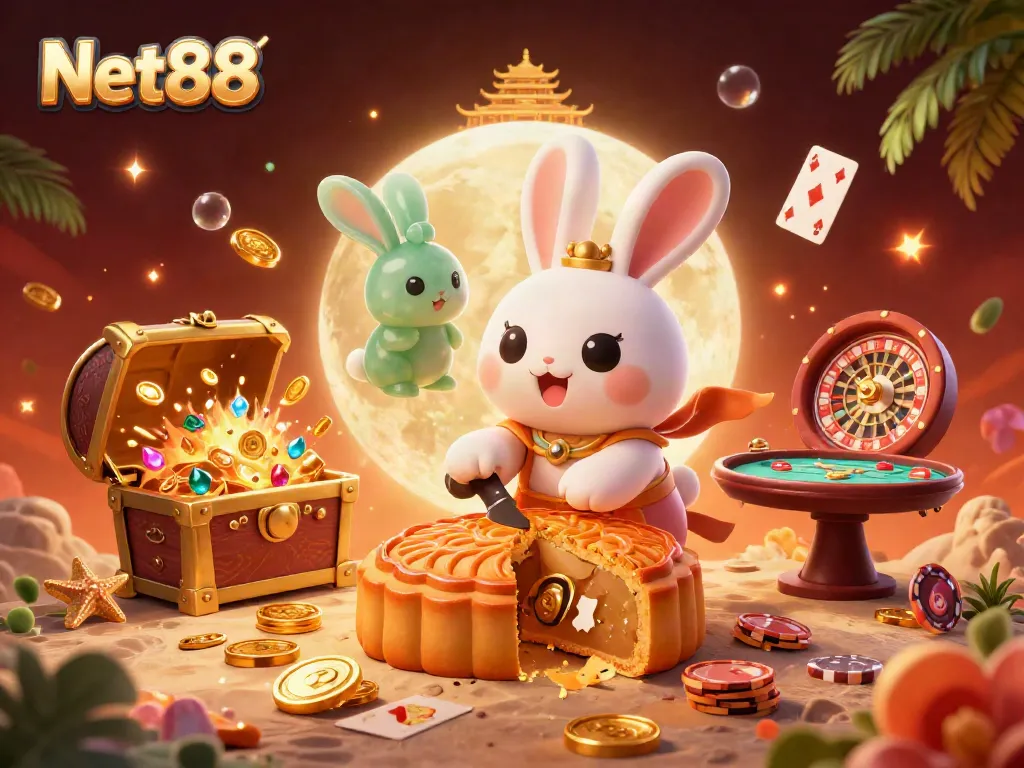 Experience thrilling gameplay with Net88 in this vibrant 3D casino scene filled with lucky symbols and exciting elements.