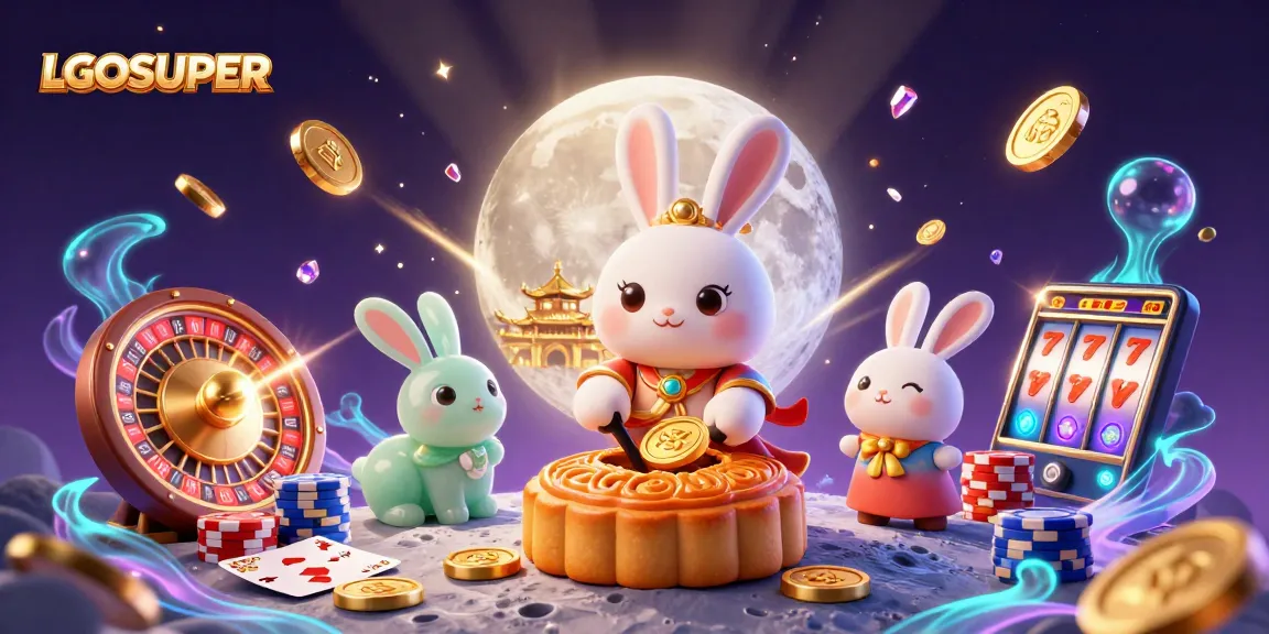 Experience the thrill of LGOSUPER with a vibrant, dynamic casino scene featuring moon rabbits and poker chips.