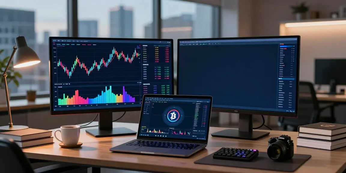 Durov2 Kick focused cryptocurrency trading setup showcasing dynamic charts and digital wallets in a modern office.