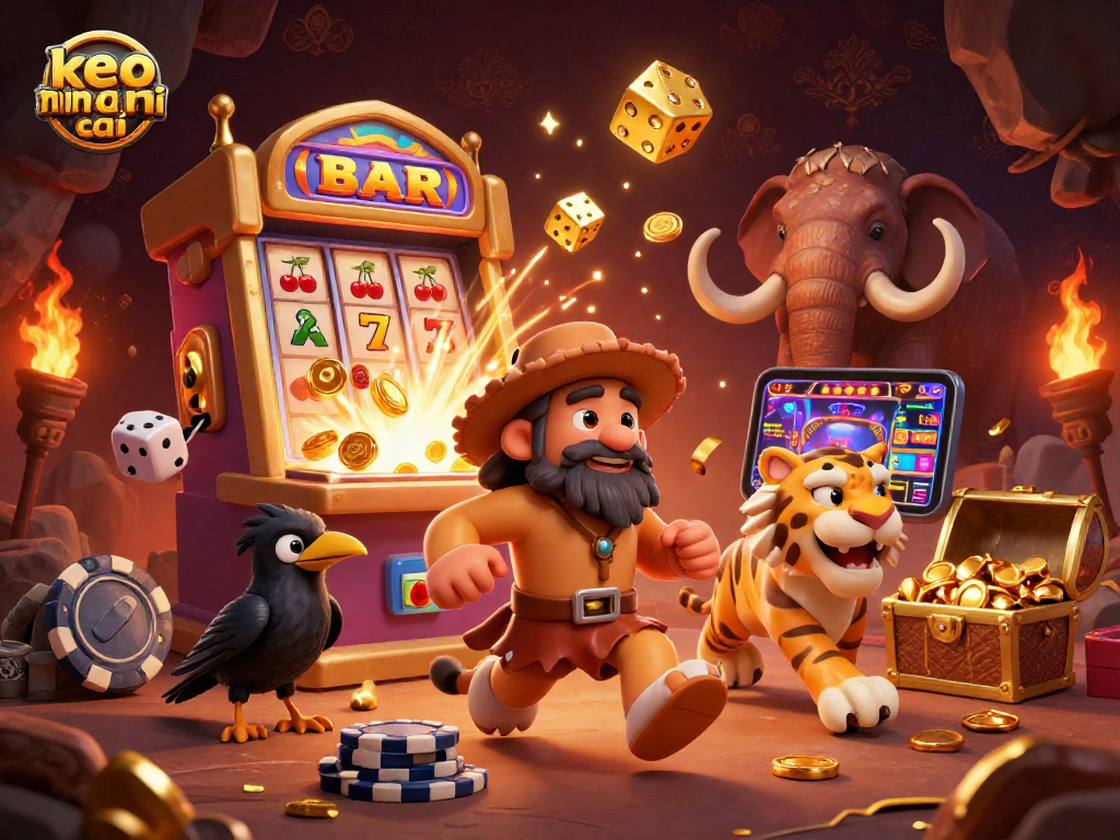 Experience excitement at keo nha cai with a vivid 3D casino scene featuring prehistoric characters and vibrant gaming elements.