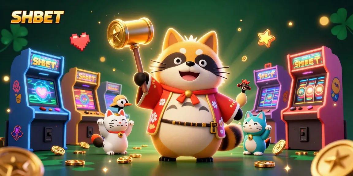 Engage in thrilling gameplay with SHBET, featuring a cheery tanuki, cranes, and lucky fortune cats in a vibrant casino setting.