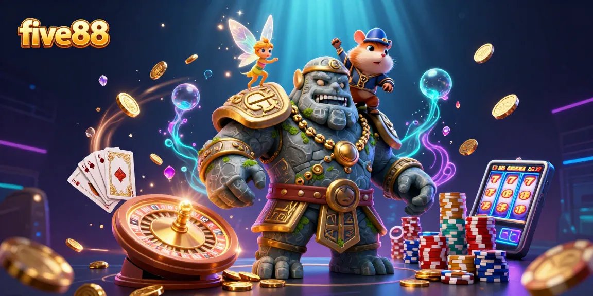 Win big at five88 with a magical 3D casino scene showcasing a stone golem, fairy, and hamster knight.
