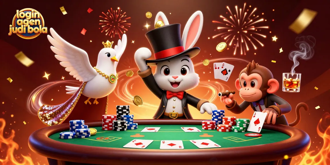 Join the action with login agen judi bola featuring a magician rabbit, poker chips, and festive confetti.