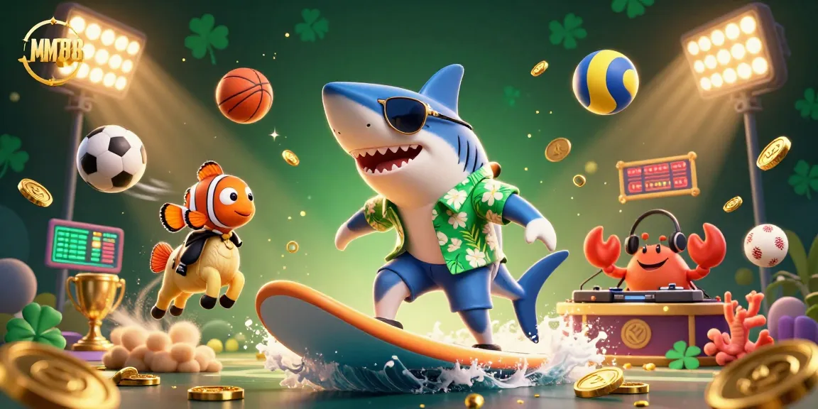 Experience thrilling gambling fun with MM88 as a shark surfs on gold coins, sporting various games and prizes.
