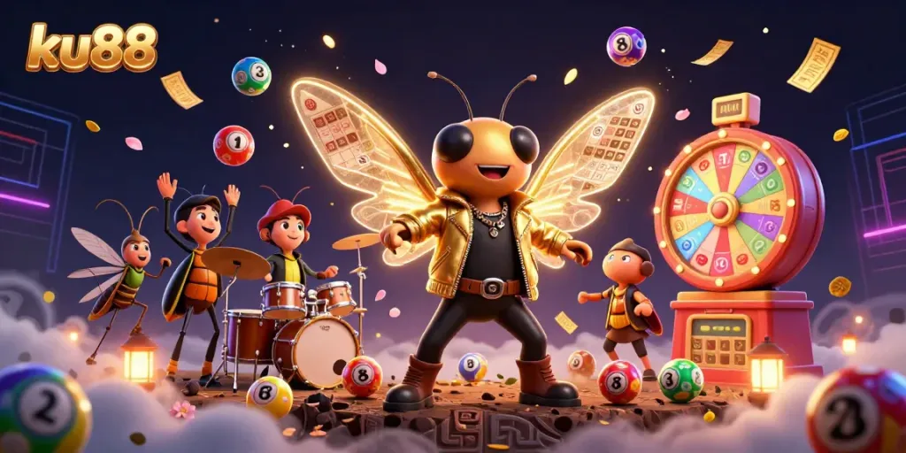 Experience the excitement of ku88 with an energetic rock star cicada and vibrant gambling elements.