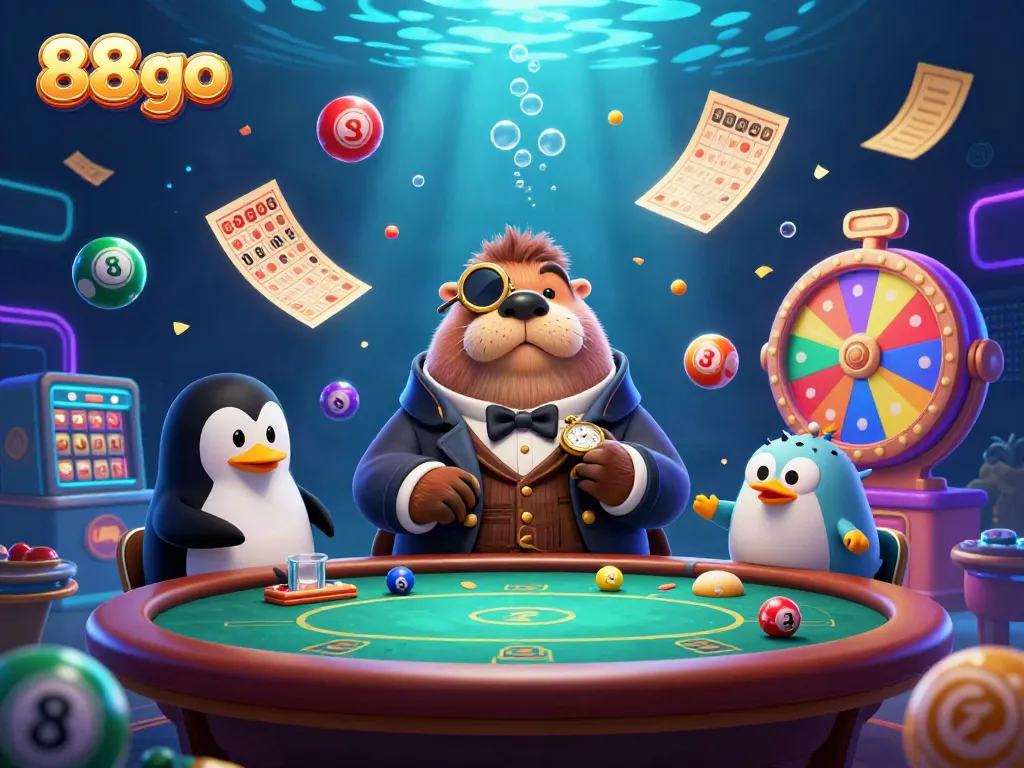 Play with 88go as the jolly walrus engages in underwater poker with colorful lottery elements.