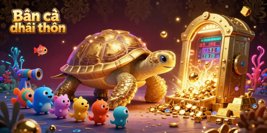 Bắn cá đổi thưởng illustrated scene featuring a golden tortoise pinball machine surrounded by joyful animals and treasure in an underwater setting
