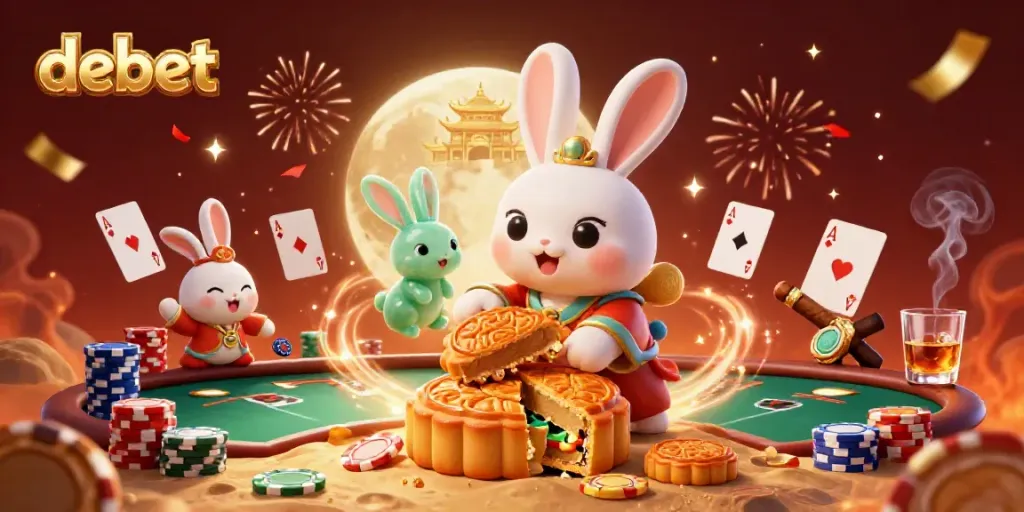 Engage with debet's vibrant casino scene featuring a moon rabbit preparing mooncakes revealing poker chips.