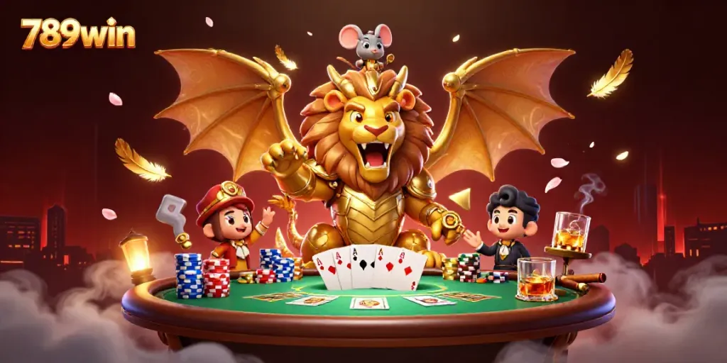 Experience the thrill of 789win as a golden chimera roars triumphantly at a vibrant poker table.