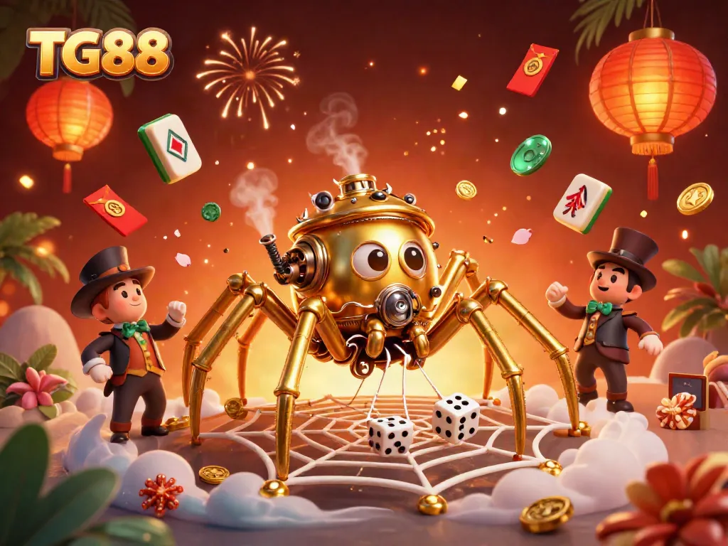 Engage in thrilling action at TG88 while catching lucky dice in a golden spider web, surrounded by vibrant casino elements.