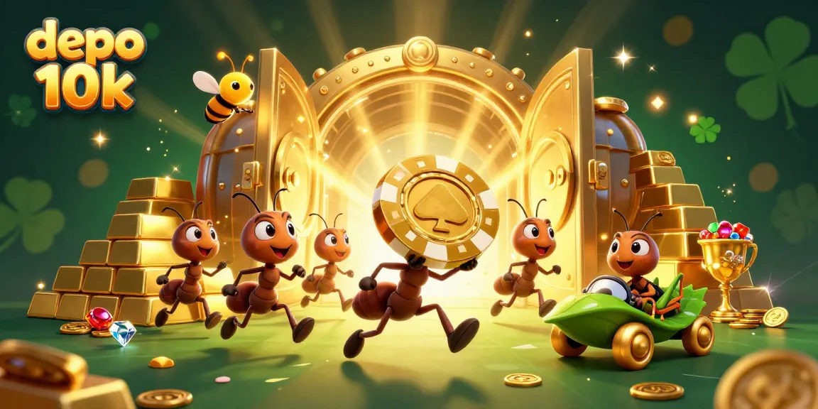 Experience the thrilling aventure of depo 10k with cartoon ants heisting a giant poker chip while surrounded by treasures.