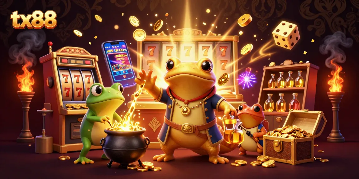 Experience tx88's exciting casino world with a giant salamander alchemist amidst gold coins and jackpots.