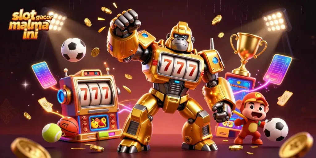 Engage with slot gacor malma ini through action-packed 3D visuals showcasing a golden gorilla mech surrounded by dynamic gaming elements.
