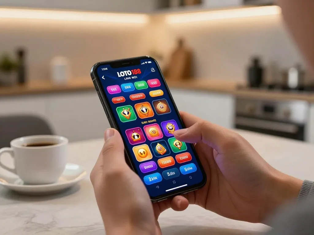 Engaging moment with the LOTO188 LINK MỚI app interface showcasing betting options on smartphone in a cozy home setting.