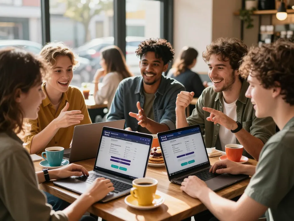 Friends discussing the BetVisa referral code in a cozy cafe setting.