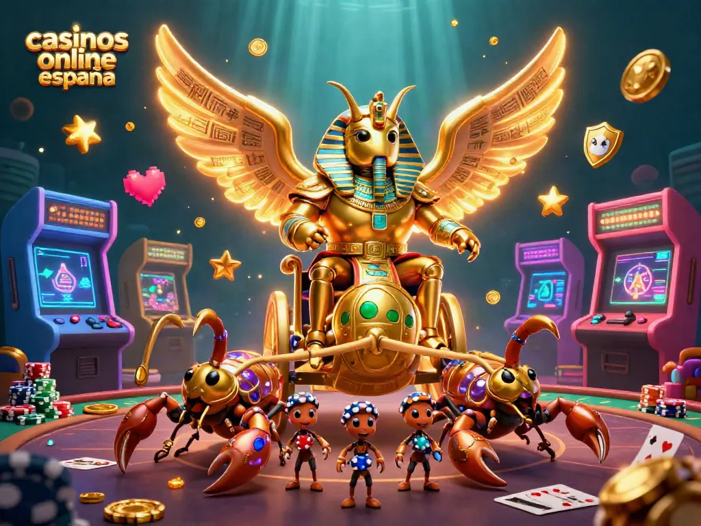 Diviértete en casinos online España con un escarabajo dorado y escenas de póker vibrantes.