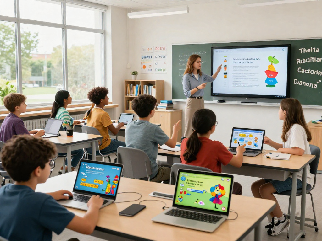 Interactive digital learning scene showcasing students using rokok88 curriculum materials in a modern classroom.