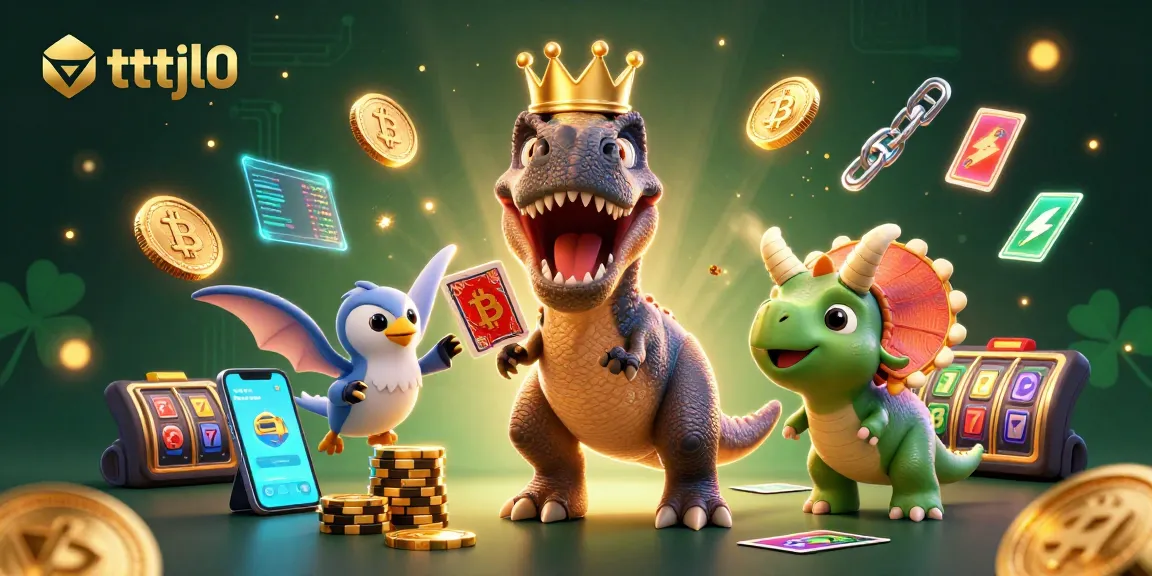 tttjl0 brings excitement as a T-Rex shuffles cards with crypto coins and a cute triceratops stacking chips