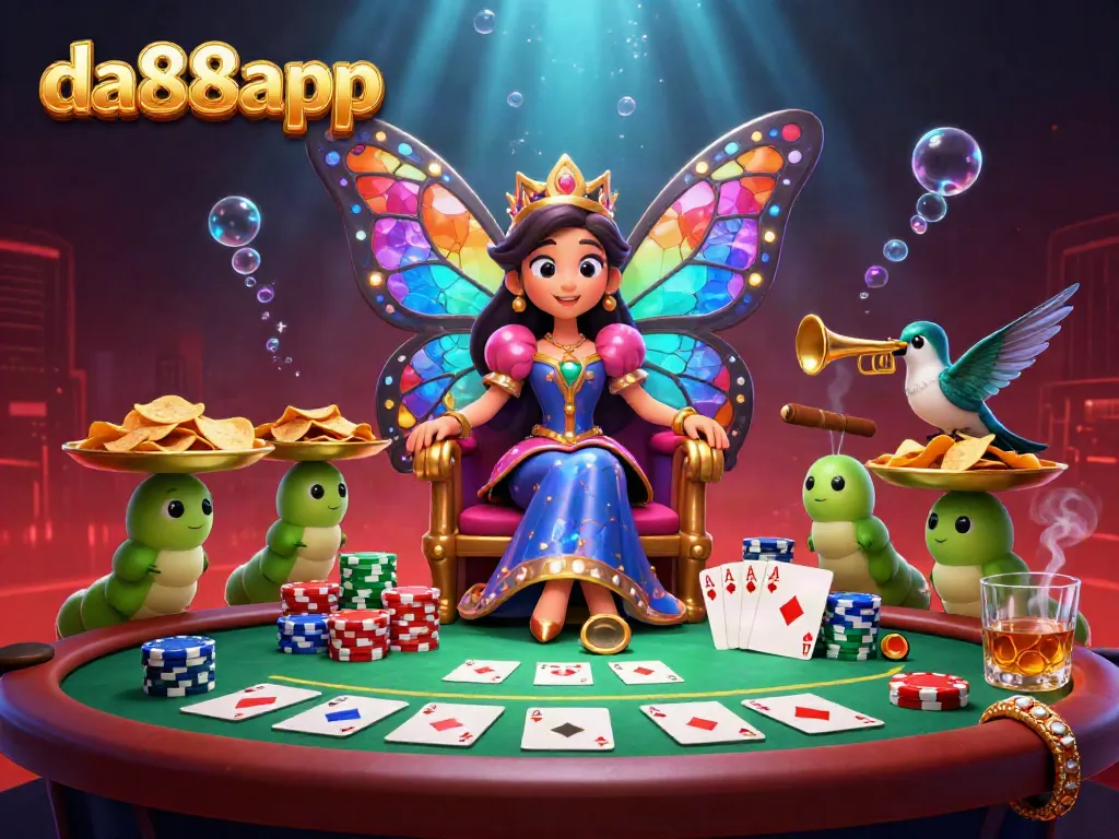 Engage with da88app casino, showcasing a vibrant scene with a butterfly queen and poker elements.