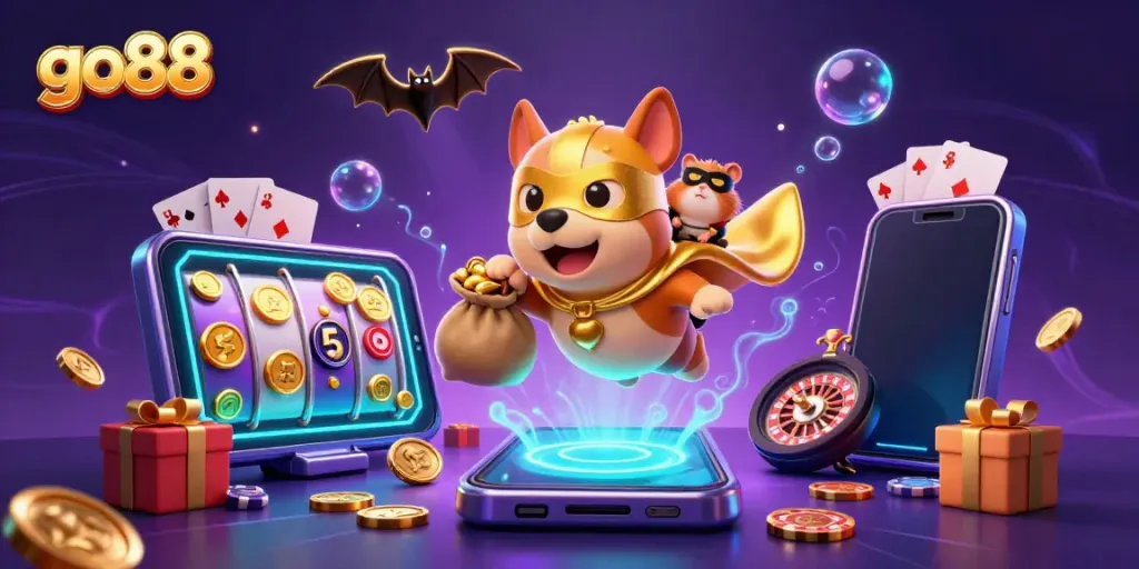 Experience the thrill of go88 with a superhero dog and hamster, surrounded by vibrant casino elements.