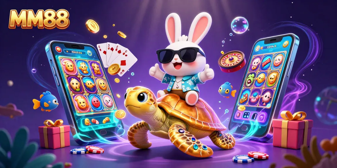 MM88's lucky rabbit celebrates wins with vibrant underwater casino elements and golden sea turtle.