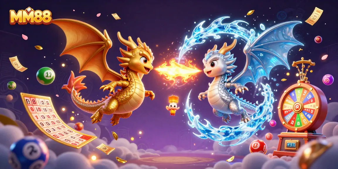 Engage with MM88 and experience thrilling gaming with animated dragons, lottery balls, and prize elements.