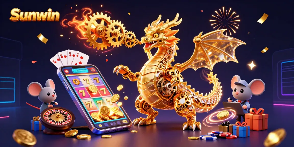 Sunwin showcases a golden dragon and slot game elements in a vibrant 3D casino scene.