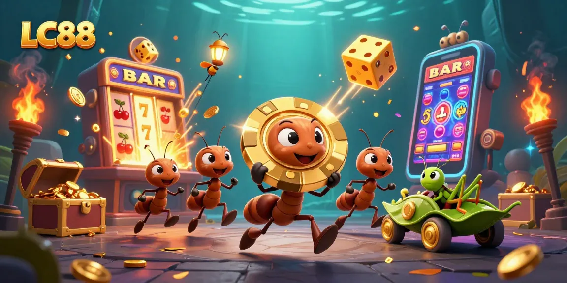 Experience the heist at LC88 with ants carrying a massive poker chip amidst vibrant casino elements.