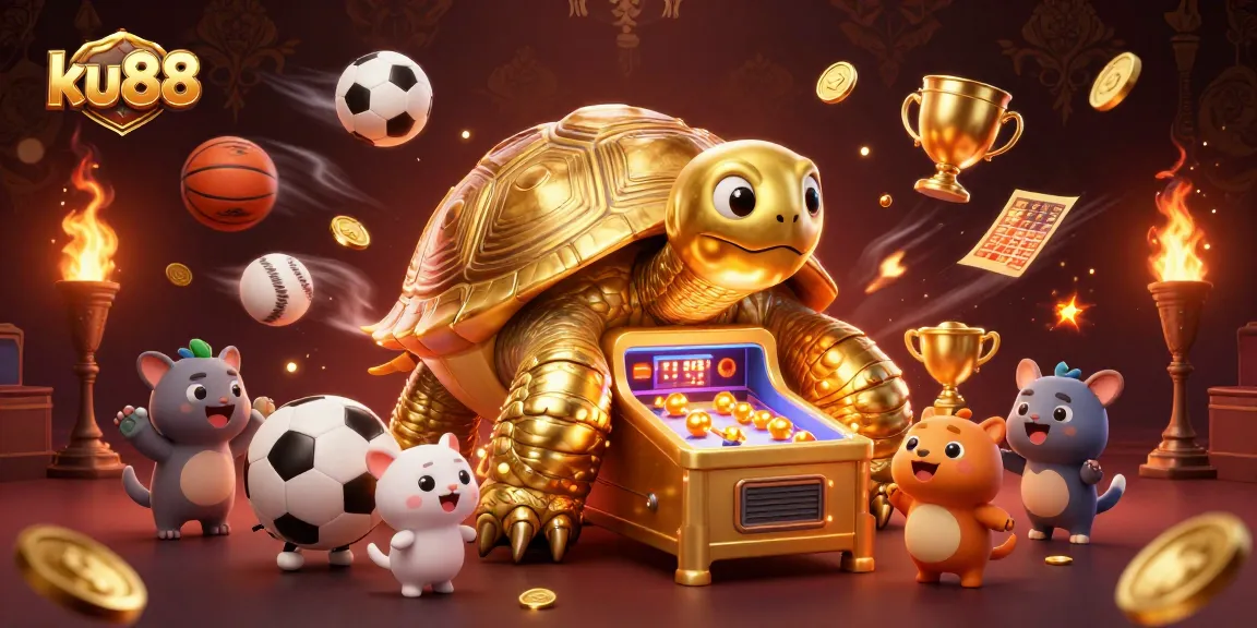 ku88 engages players with a vibrant 3D casino scene featuring a colossal golden tortoise and sports elements.