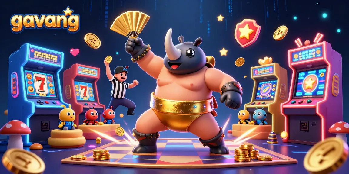 Experience the thrill of gavang with a sumo champion beetle in a vibrant slot game scene.
