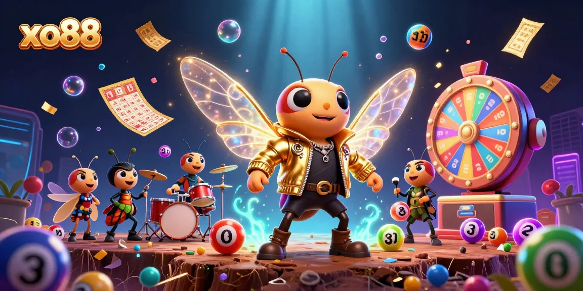 Engage with xo88's vibrant lottery scene featuring a rock star cicada band and dynamic game elements.