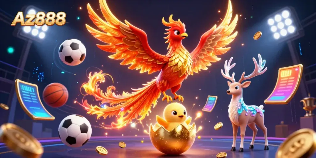 Experience thrilling action at Az888 with a vibrant illustration showcasing fantasy elements and sports betting excitement.