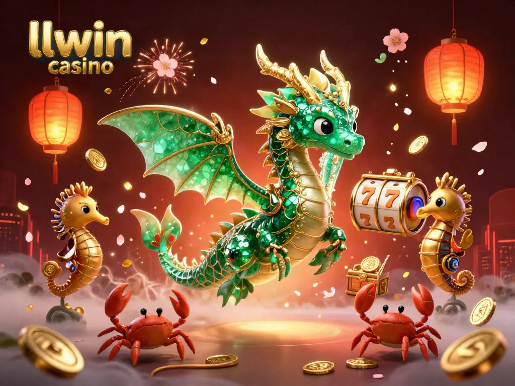Experience the thrill of llwin casino with a vibrant 3D dragon scene showcasing slots and treasure elements.