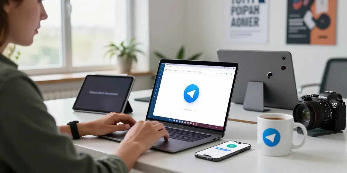 Engaging tech workspace showcasing Telegram下载 on a laptop, smartphone notifications, and a cozy professional atmosphere.