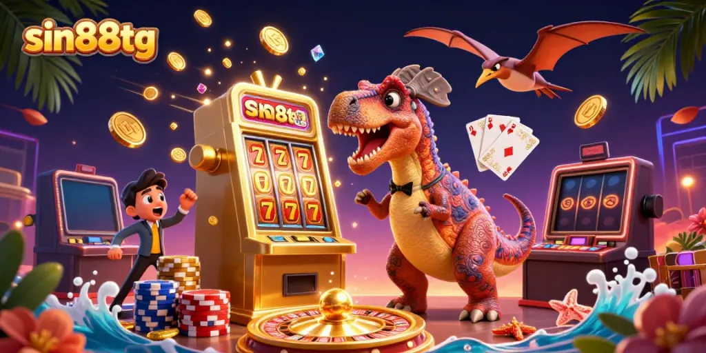 Experience thrilling action in sin88tg with a pachycephalosaurus winning at slots amidst a vibrant casino scene.