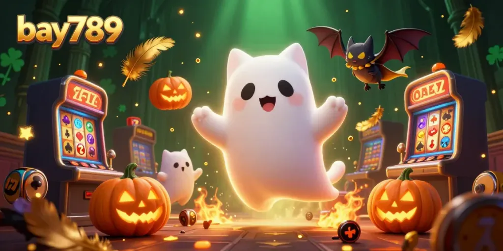 Engage in thrilling casino magic with bay789, featuring a ghost cat, bat companion, and glowing jack-o-lanterns.